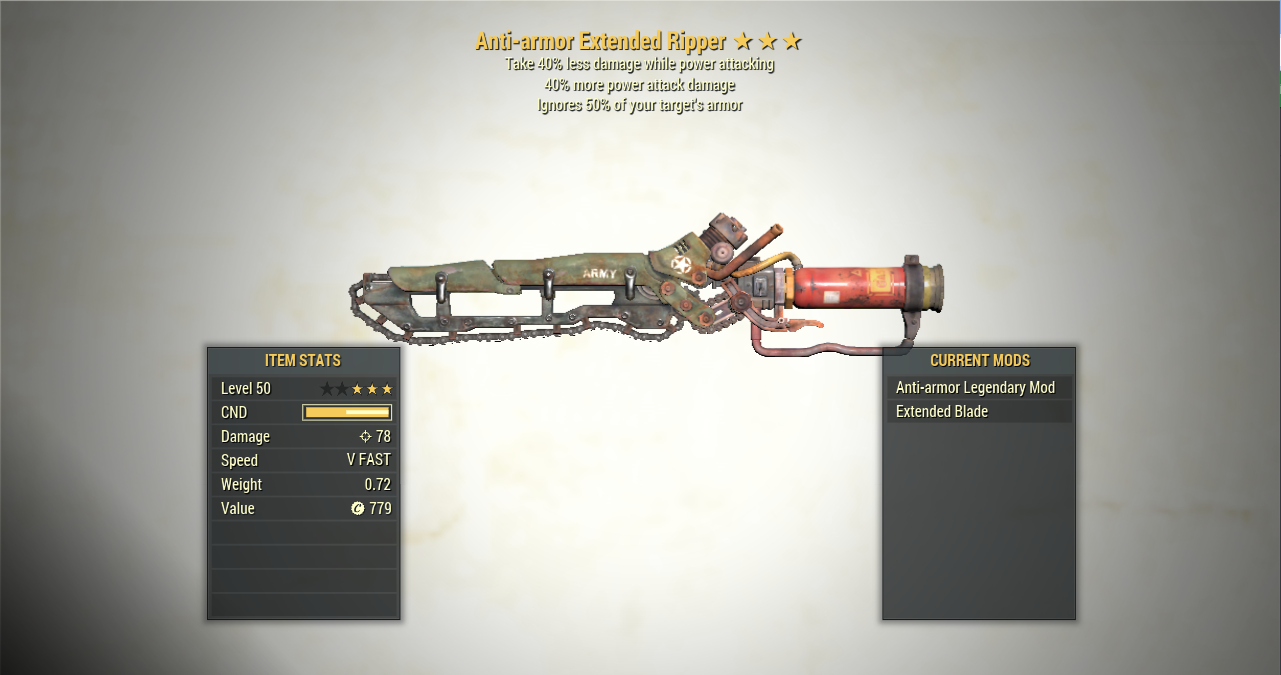 Screenshot of a Fallout 76 item for PC & Steam players, showing the stats.