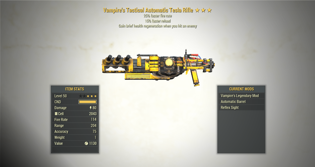 Screenshot of a Fallout 76 item for PC & Steam players, showing the stats.