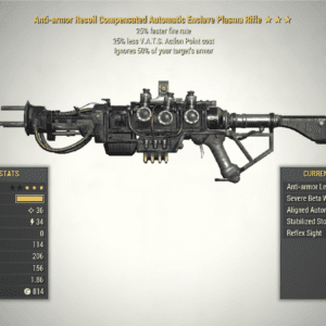Screenshot of Anti-Armor Fire Rate Enclave Plasma Rifle + 25V showing the stats.