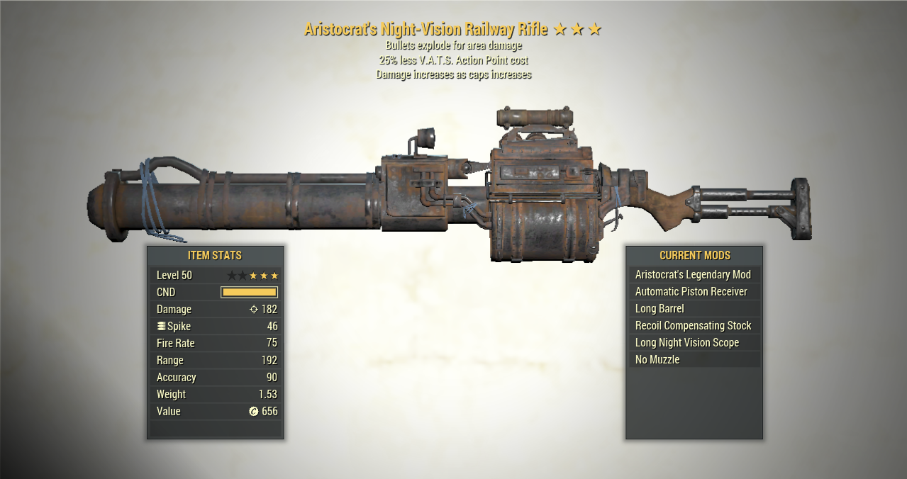 Screenshot of Aristocrat's Explosive RAILWAY RIFLE + 25V, showing the stats.