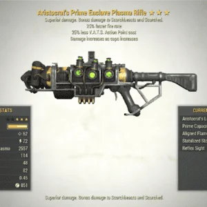 Screenshot of Aristocrat's Fire Rate ENCLAVE PLASMA RIFLE + 25V, showing the stats.