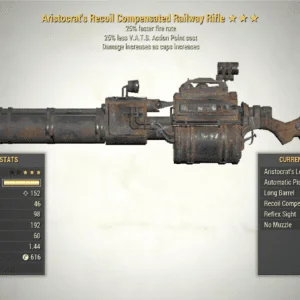 Screenshot of Aristocrat's Fire Rate RAILWAY RIFLE + 25V, showing the stats.