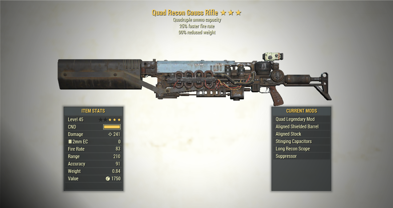 Screenshot of Quad Fire Rate GAUSS RIFLE + 90RW for Fallout 76 PC & Steam players, showing the stats.