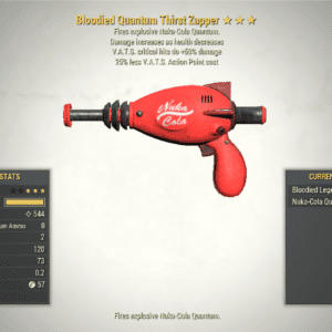 Screenshot of a Bloodied THIRST ZAPPER Vats Crit + 25V, showing the stats.