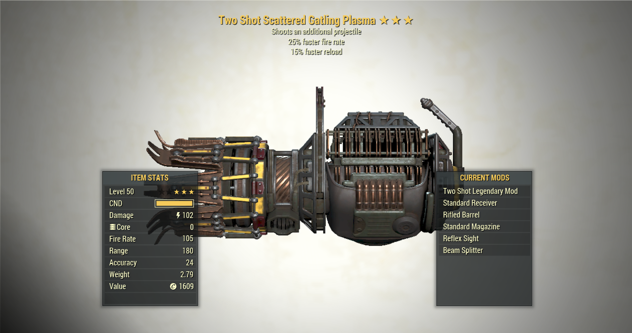 Screenshot of a Two Shot Gatling Plasma FFR + Reload, showing the stats.