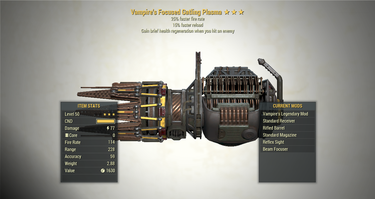 Screenshot of a Vampire's Gatling Plasma FFR + Reload, showing the stats.