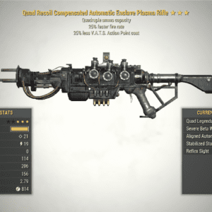 This is a screenshot for the Quad Enclave Plasma Rifle for Fallout 76 PC, showing the mods and stats.