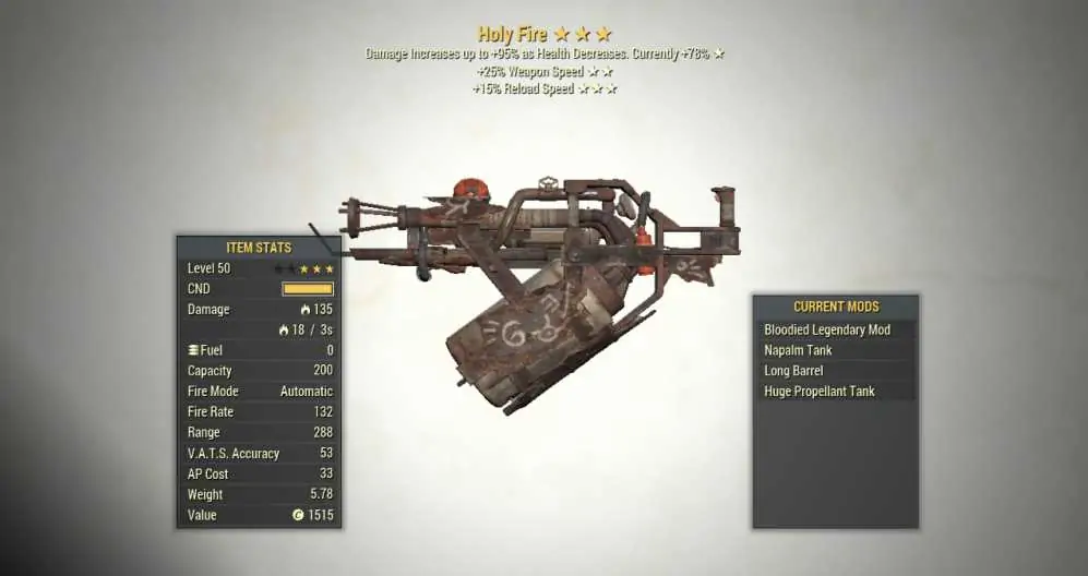 Screenshot of a Bloodied WS HOLY FIRE + Faster Reload, showing the stats.
