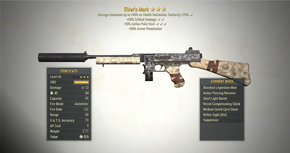 Screenshot of a Bloodied VCD ELDER'S MARK + 25V, showing the stats.