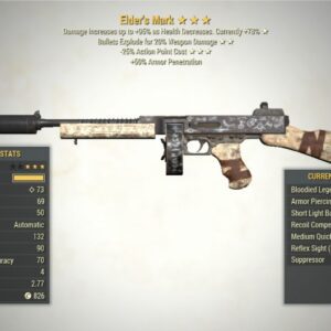 Screenshot of a Bloodied Explosive ELDER'S MARK + 25V, showing the stats.