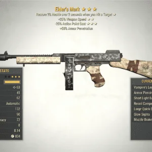 Screenshot of a Vampire's Weapon Speed ELDER'S MARK + 25V, showing the stats.