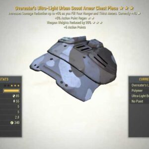 Screenshot of a chest piece of the Overeater's Weapon Weight Reduction 5AP SCOUT ARMOR SET, showing the stats.