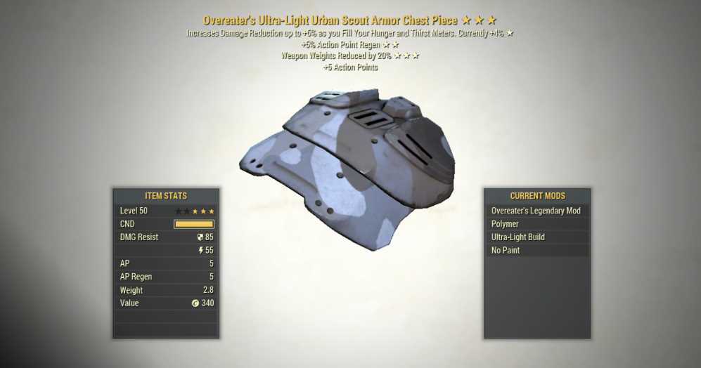 Screenshot of a chest piece of the Overeater's Weapon Weight Reduction 5AP SCOUT ARMOR SET, showing the stats.