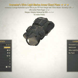 Screenshot of a chest piece of the Overeater's Weapon Weight Reduction 5AP MARINE ARMOR SET, showing the stats.
