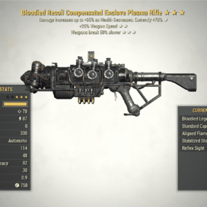 Screenshot of a Bloodied Weapon Speed Enclave Plasma Rifle + Durable, showing the stats.