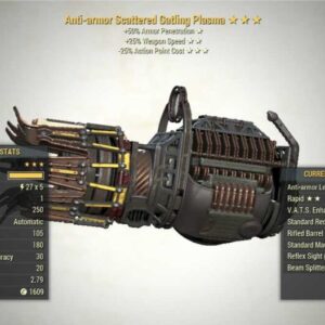 Screenshot of a Fallout 76 PC Anti-Armor Gatling Plasma 25% Weapon Speed + 25V, showing the stats.