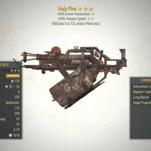 Screenshot of a Fallout 76 PC Anti-Armor WS HOLY FIRE + 25V, showing the stats.