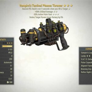 Screenshot of a Fallout 76 PC Vampire's Plasma Pistol VATS Crit + 25V, showing the stats.