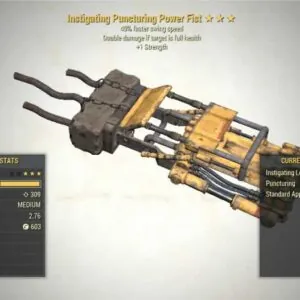 A screenshot of an Instigating Power Fist for Fallout 76 PC, showing the stats.