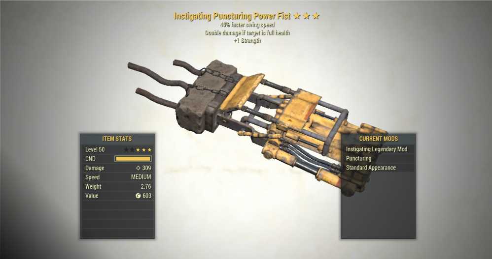 A screenshot of an Instigating Power Fist for Fallout 76 PC, showing the stats.