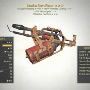 Screenshot of a Fallout 76 PC Bloodied Flamer Weapon Speed + 25V for PC & Steam players, showing the stats.