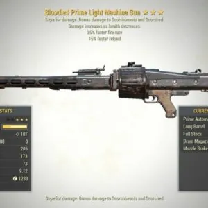 Screenshot of a Fallout 76 PC Bloodied LIGHT MACHINE GUN Weapon Speed + Faster Reload for PC & Steam players, showing the stats.