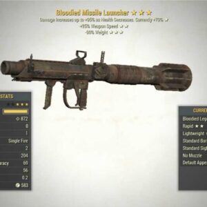 Screenshot of a Fallout 76 PC Bloodied Missile Launcher Weapon Speed + 90% Reduced Weight for PC & Steam players, showing the stats.