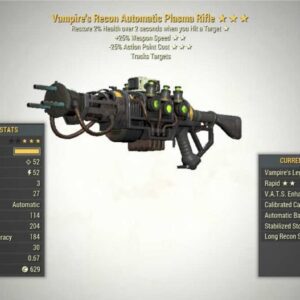 Screenshot of a Fallout 76 PC Vampire's Plasma Rifle Weapon Speed + 25V, showing the stats.