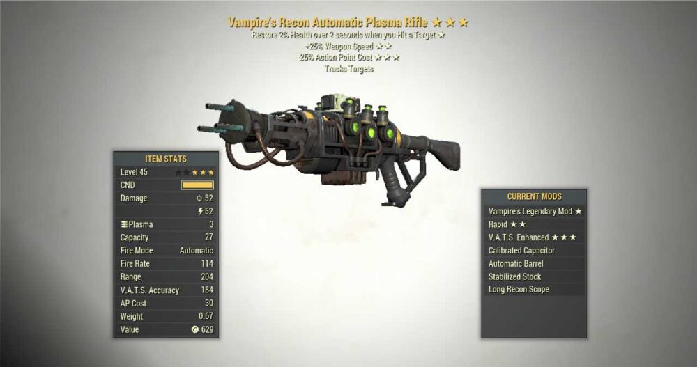 Screenshot of a Fallout 76 PC Vampire's Plasma Rifle Weapon Speed + 25V, showing the stats.